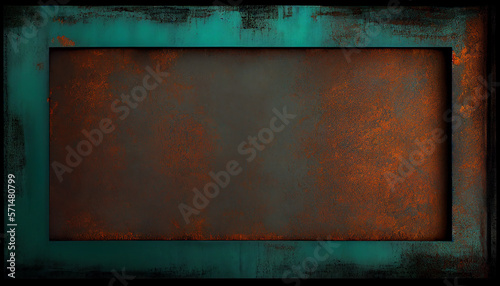 Rusty blue-green grunge metal frame background, with empty space to put some words on, generative AI