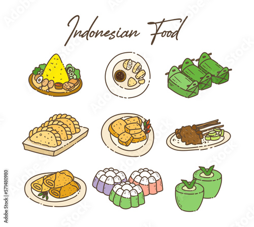 indonesian foods set : Tumpeng,pempek, nasi bakar, pastel cake, lemper, fried tofu, satay, risoles, putri ayu, kalam cake photo