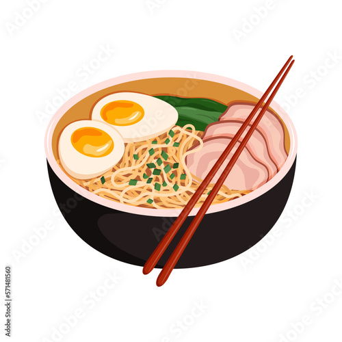 Cartoon bowl of ramen noodles with pork and egg. Asian cuisine. Isolated vector illustration