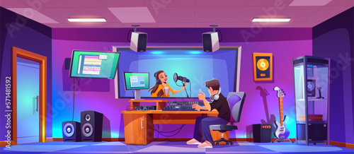 Beautiful female singer and male producer at music record studio. Vector cartoon illustration of girl singing in microphone, sound engineer working on equipment, showing thumbs-up. Professional career