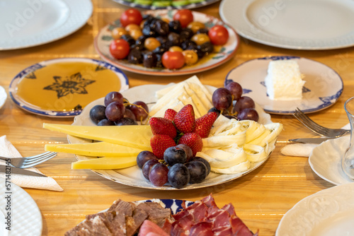 Ramadan table. The sahur table with cheese varieties, salami, pastrami, roasting, olives and tea