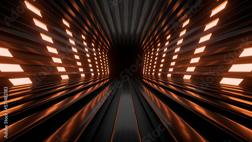 Fototapeta Naklejka Na Ścianę i Meble -  Sci Fy neon glowing lines in a dark tunnel. Reflections on the floor and ceiling. 3d rendering image. Abstract glowing lines. Techology futuristic background.
