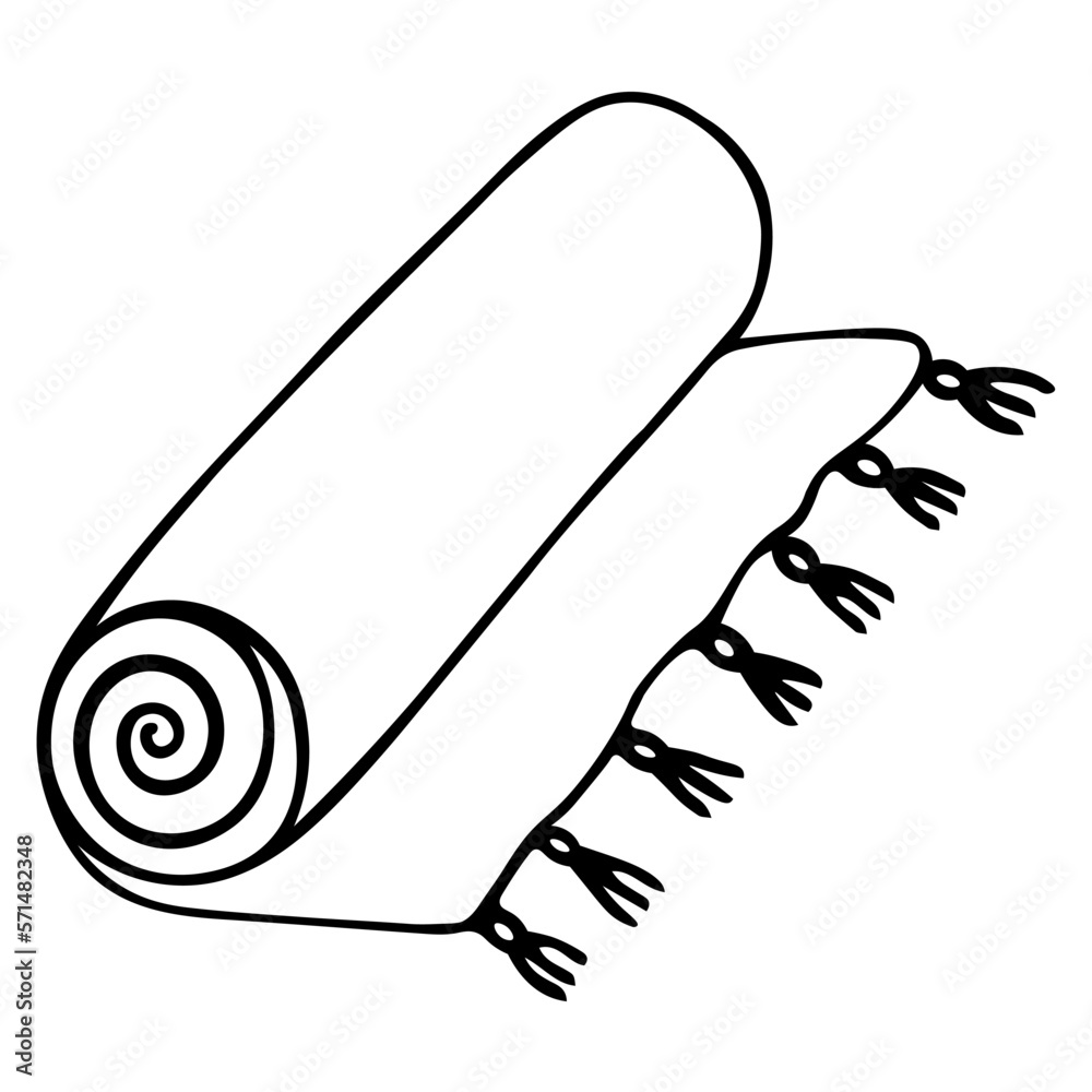 The carpet is rolled up. Sketch. Fringed floor covering. The floor mat is twisted. Vector illustration. Rug in doodle style. Outline on isolated background. Coating for creating a cozy interior. The carpet is rolled up. Sketch. Fringed floor covering. The floor mat is twisted. Vector illustration. Rug in doodle style. Outline on isolated background. Coating for creating a cozy interior.