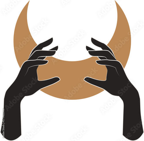 Mystical female hands logo in minimal linear style. Vector logo design. Templates with various hand gestures, moon, stars and crystals. For cosmetics, beauty, tattoo, spa, manicure, jewelry store
