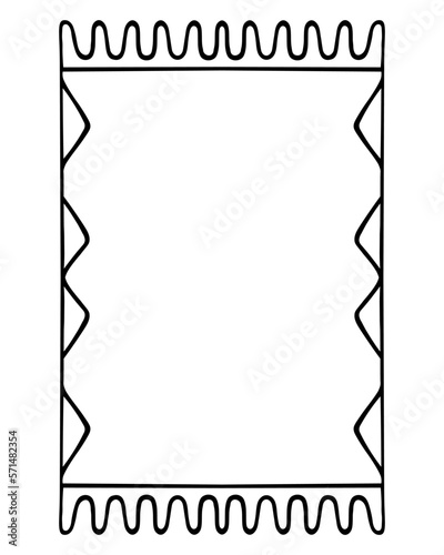 The carpet is rectangular. Sketch. Floor covering with zigzag pattern. Fringed floor mat. Vector illustration. Rug in doodle style. Outline on isolated background. Coating for creating a cozy interior