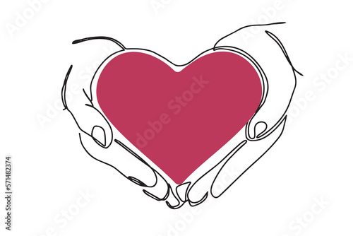 Continuous drawing in one line. Hands holding a heart on a white background. Black thin line of the hand with the image of the heart.