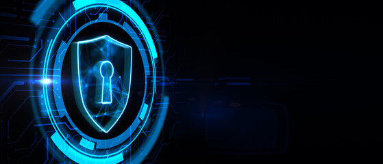 Cyber security, data and personal information privacy concept with digital blue shield icon in microcircuit circle on abstract dark background with space for advertising poster. 3D rendering, mockup