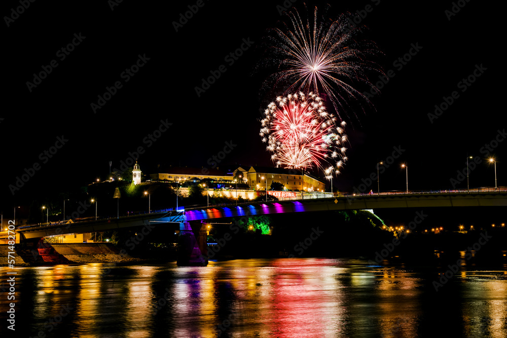  Fireworks in Novi Sad, Serbia. Opening of the Exit festival in Novi Sad.