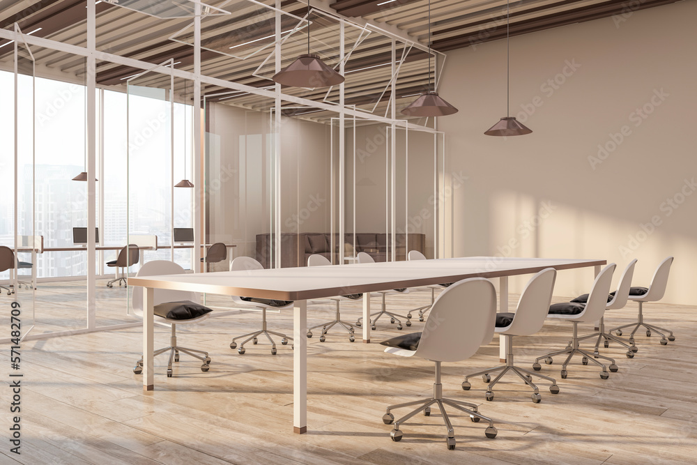 Perspective view on huge empty light conference table surrounded by ...