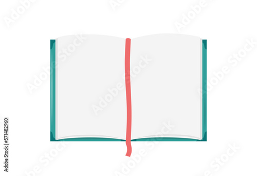 Blank open book isolated. Vector flat illustration of empty book or notebook pages. Top view. Design element with copy space