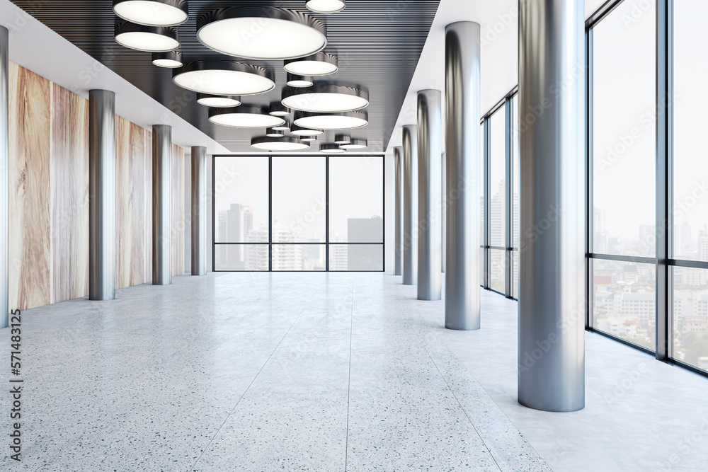 City view background from big window in sunlit business center hall