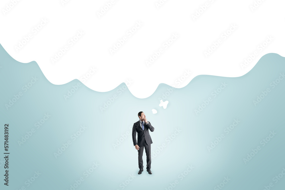 Right choice, decision and solution concept with businessman looking up at white blank speech bubble with space for advertising poster or text in form of cloud on blue abstract background, mock up Right choice, decision and solution concept with businessman looking up at white blank speech bubble with space for advertising poster or text in form of cloud on blue abstract background, mock up