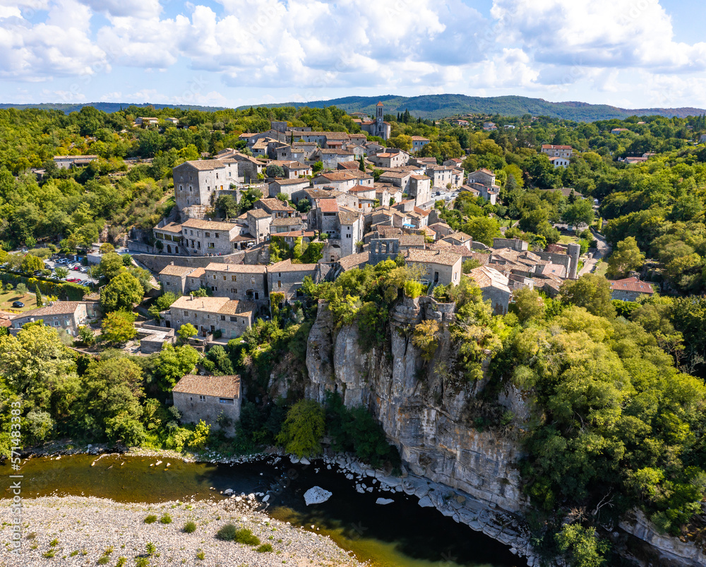 Aerial view of Balazuc, one of the most beautiful village in Ardeche, South of France