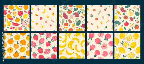 Doodle grocery patterns. Local food vegetables, sweet fruits and berries seamless vector background illustration set. Fresh organic veggies, tasty citrus and berries seamless pattern