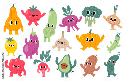 Doodle vegetable characters. Funny veggie mascots, healthy vegan food grocery product with cute kawaii cartoon faces vector illustration set. Harvest nutritious ingredients with smiles