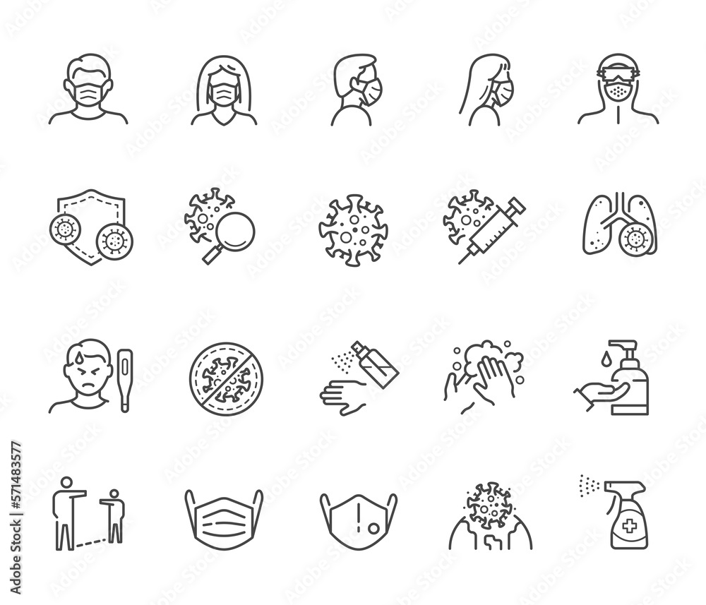 Coronavirus Covid 19 protection line icons set isolated. Quality symbol elements for all health medicine and pandemic media design.	