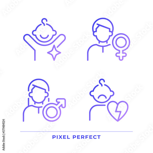 People pixel perfect gradient linear vector icons set. Character archetypes. Anima and animus. Family members. Thin line contour symbol designs bundle. Isolated outline illustrations collection