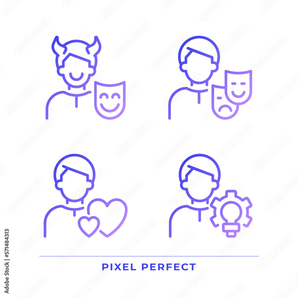 Personal traits pixel perfect gradient linear vector icons set. Caregiver and creator. Psychoanalytic theory. Thin line contour symbol designs bundle. Isolated outline illustrations collection Personal traits pixel perfect gradient linear vector icons set. Caregiver and creator. Psychoanalytic theory. Thin line contour symbol designs bundle. Isolated outline illustrations collection