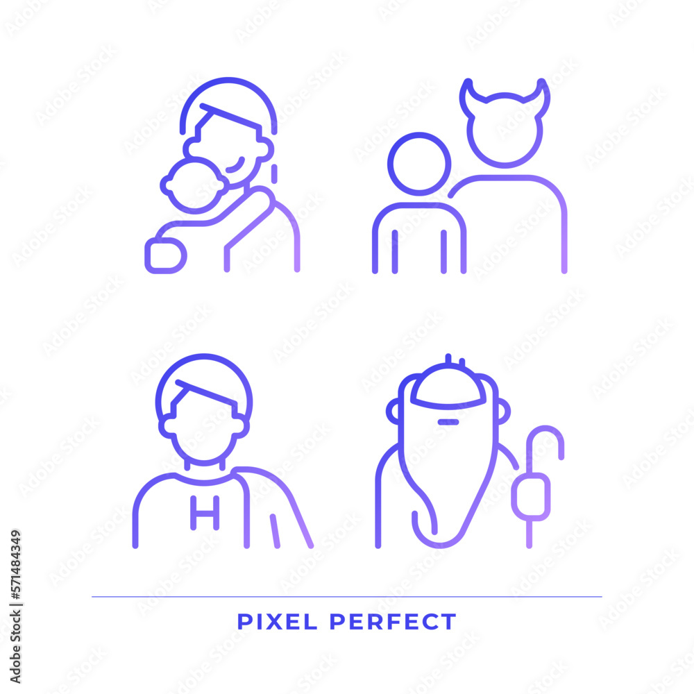 Characters pixel perfect gradient linear vector icons set. Archetypes. Mother, hero and sage. Personality traits. Thin line contour symbol designs bundle. Isolated outline illustrations collection