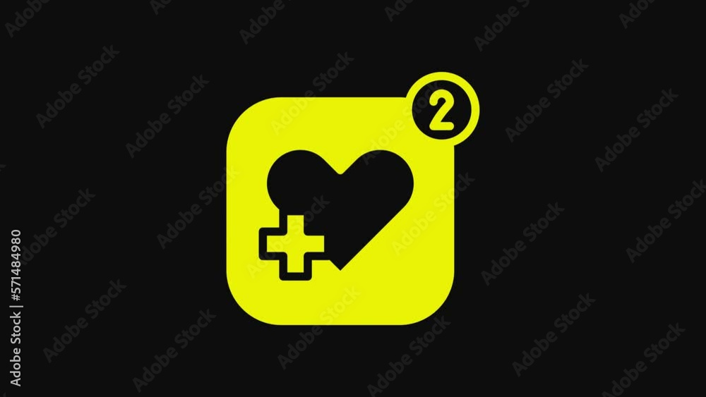 Yellow Smartphone with heart rate monitor function icon isolated on black background. 4K Video motion graphic animation