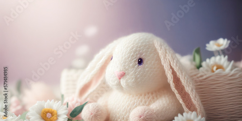 Pastel colors Easter Cute Knitted Bunny in a basket with copy space for Easter decoration. Wishing you a Happy Easter 2023. Illustration clip art idea created with Generative AI