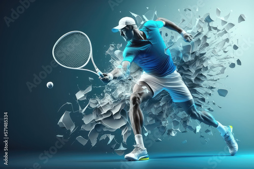 Realistic of a tennis player on blue background. Tennis player man with racket hits the ball. 3d illustration (ai generated)