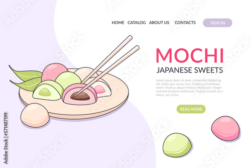 Web Page with sweet mochi on a light background. Japanese asian traditional dessert. Banner, website, advertising, menu. Vector illustration in doodle style