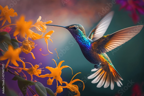 a colorful hummingbird flying over a flower and a blurry image of a plant with orange flowers