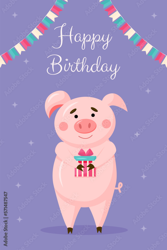 Vector greeting birthday card template. Happy cute pig with colour flags with present gift box on violet background. Celebration illustration Vector greeting birthday card template. Happy cute pig with colour flags with present gift box on violet background. Celebration illustration