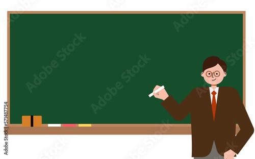 黒板の前で板書をしながら話をする男性教師のベクターイラスト
