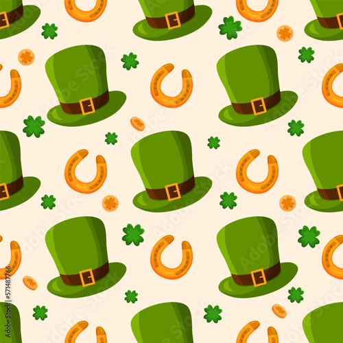 Vector Patrick's Day Seamless Pattern in cartoon style. Clover leaves, golden coins and patricks symbols on pastel background. Backdrop for wallpaper, print, textile, fabric, wrapping