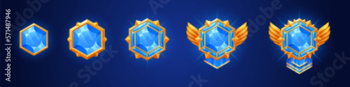 Set of hexagon shape game rank badge isolated on background. Vector cartoon illustration of blue diamond gemstone decorated with sparkling golden wings, silk flag, ribbon, royal reward. Gui elements