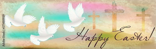 Happy Easter banner with Christian wooden cross and white doves. vector illustration	