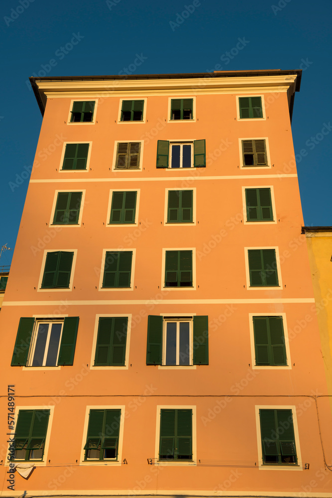 Beautiful Typical House in Genoa in a Sunny Day in Liguria, Italy.