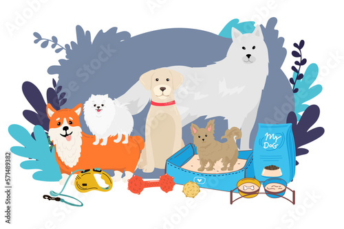 large dogs border set, front view spitz, french mastiff, labrador banner for landing page with goods for dogs,