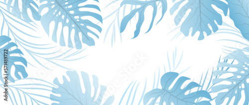 Tropical leaves wallpaper background vector. Natural monstera and palm leaves, foliage pattern design in minimalist gradient blue color style. Design for fabric, print, cover, banner, decoration.