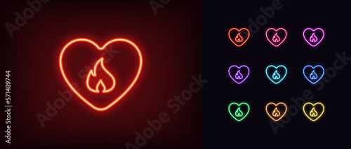 Outline neon love fire icon set. Glowing neon heart frame with flame sign, hot love pictogram. Fondness passion and hot desire, fiery love feelings, romantic fire, amour flare.