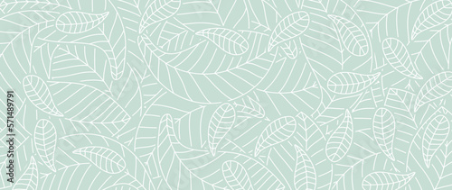 Botanical leaf line art wallpaper background vector. Luxury natural hand drawn foliage pattern design in minimalist linear contour simple style. Design for fabric, print, cover, banner, invitation.
