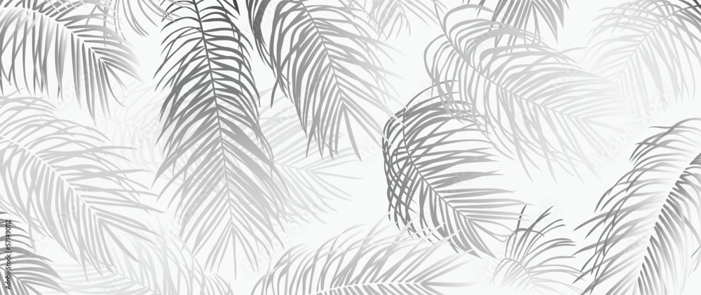 Tropical leaves background vector. Luxury natural jungle palm leaves, elegant foliage design in minimalist gradient grey color style. Design for fabric, print, cover, banner, decoration, wallpaper.