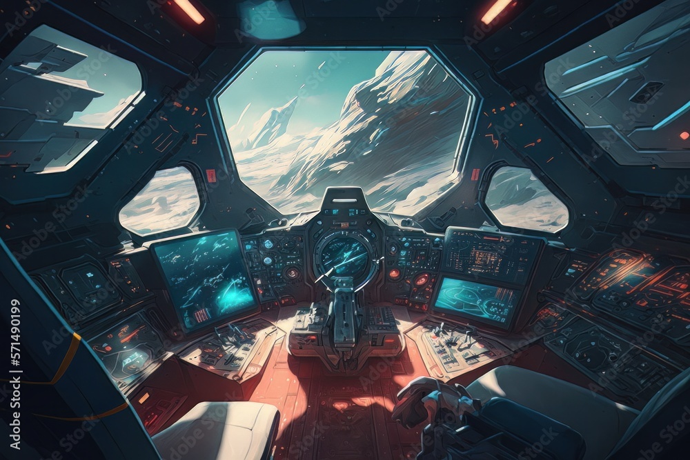 View from futuristic spaceship cockpit interior. Future spacecraft ...