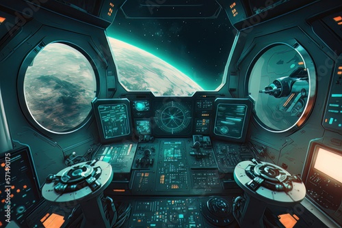 View from futuristic spaceship cockpit interior. Future spacecraft control room panels technology  space travel concept. Generative AI