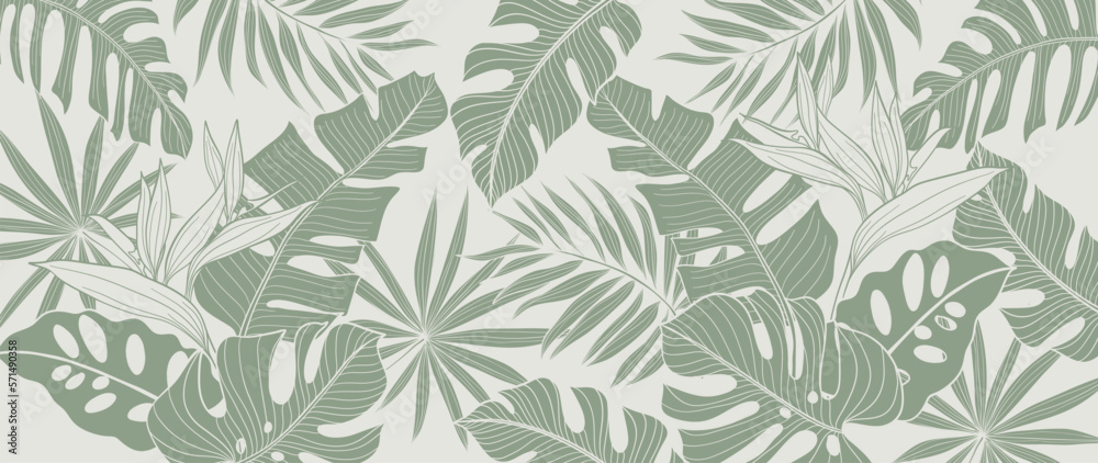 Tropical leaves background vector. Natural jungle monstera palm leaves design in minimal pale green color with contour line art style. Design for fabric, print, cover, banner, decoration, wallpaper. - obrazy, fototapety, plakaty 