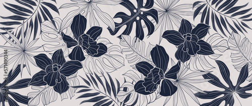 Tropical leaf line art background vector. Natural monstera palm leaves and orchid flower pattern design in minimal linear contour style. Design for fabric, print, cover, banner, decoration, wallpaper.