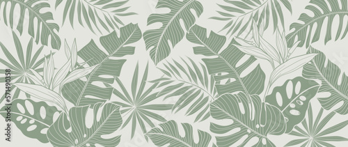 Tropical leaves background vector. Natural jungle monstera palm leaves design in minimal pale green color with contour line art style. Design for fabric, print, cover, banner, decoration, wallpaper.