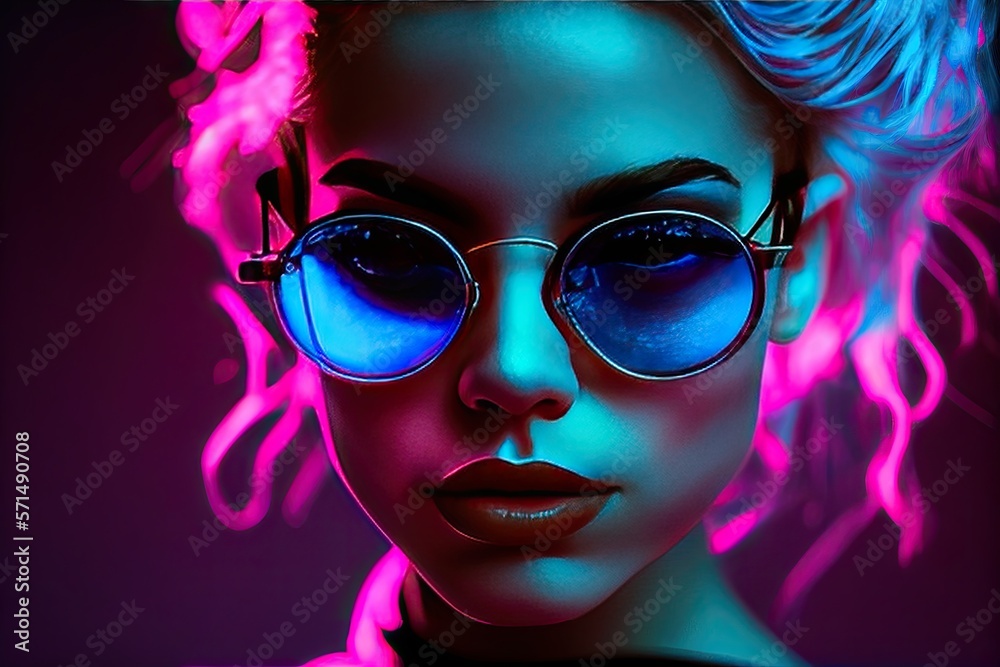 Fashion girl portrait with round sunglasses poses in neon light in the studio - generative ai