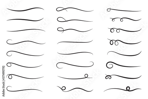 Underline text. Hand drawn collection of curly swishes, swashes, swoops. Calligraphy swirl. Highlight text elements.