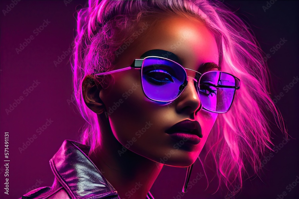 Fashion girl portrait with round sunglasses poses in neon light in the studio - generative ai