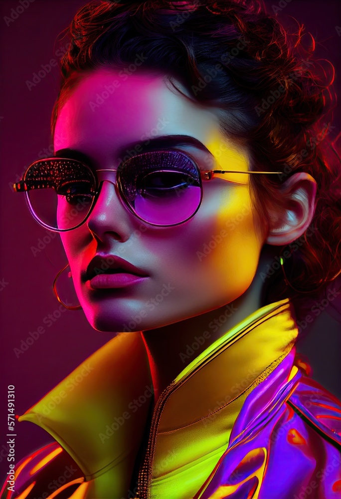 Fashion girl portrait with round sunglasses poses in neon light in the studio - generative ai	