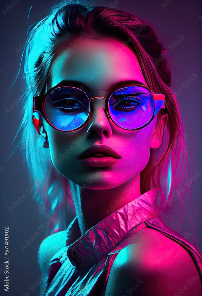 Fashion girl portrait with round sunglasses poses in neon light in the  studio - generative ai Stock Illustration | Adobe Stock