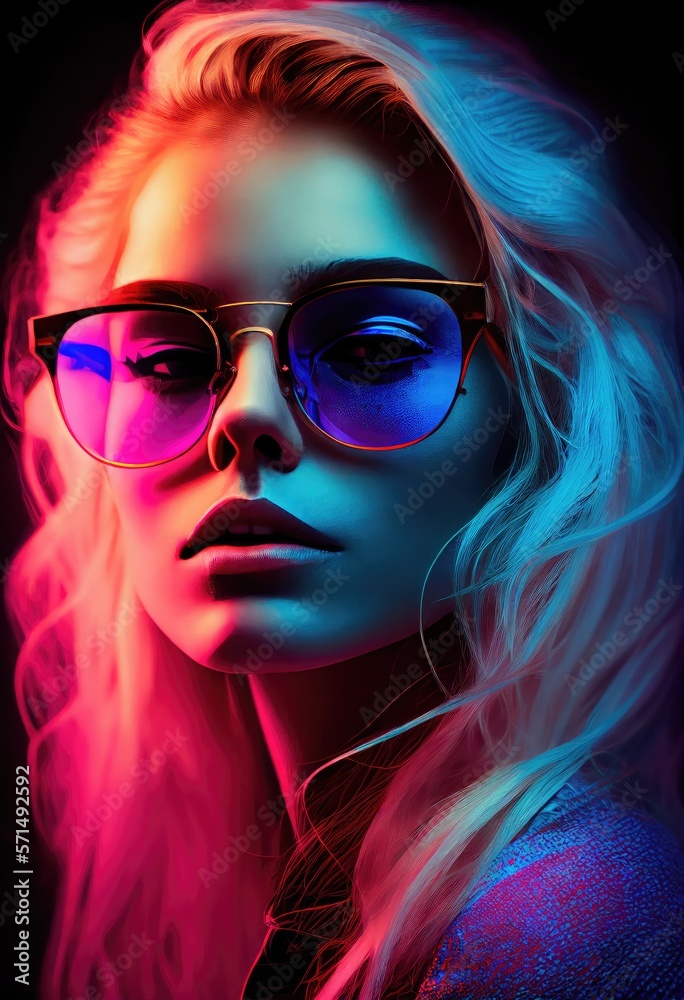 Fashion girl portrait with round sunglasses poses in neon light in the studio - generative ai	